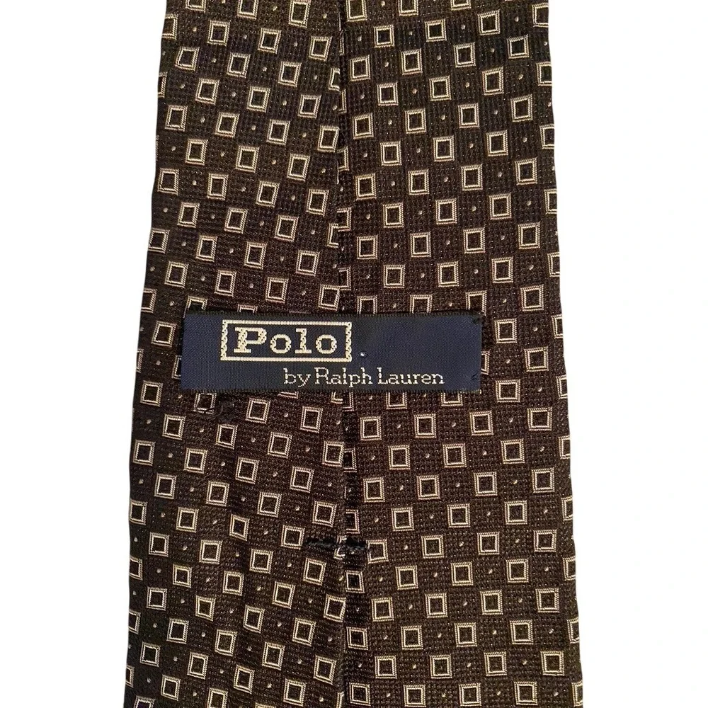 Polo Ralph Lauren Mens Silk Necktie Brown Tan Geometric Square Pattern Hand Made